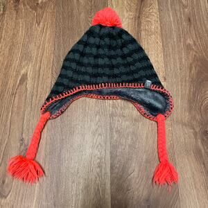 The North Face Girls Beanie Pom Pom Hat Gray Coral Fleece Lined Crochet Medium